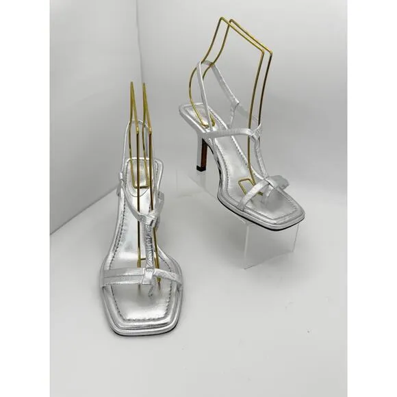 Frame Le Addison silver Metallic Leather Strappy Summer Sandals 37
