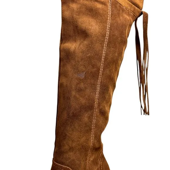 Franco Sarto Elnora Over the Knee OTK Cognac Suede Leather Tall Block Heel Boots