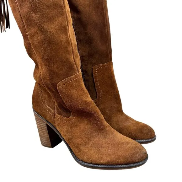 Franco Sarto Elnora Over the Knee OTK Cognac Suede Leather Tall Block Heel Boots