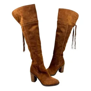 Franco Sarto Elnora Over the Knee OTK Cognac Suede Leather Tall Block Heel Boots