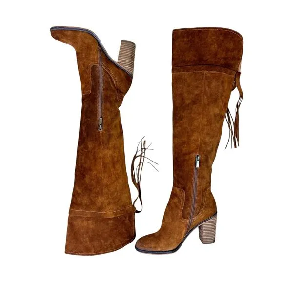 Franco Sarto Elnora Over the Knee OTK Cognac Suede Leather Tall Block Heel Boots