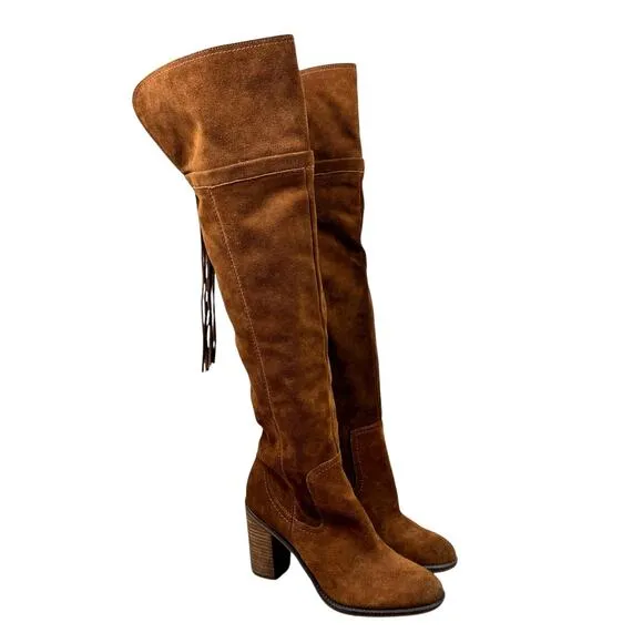 Franco Sarto Elnora Over the Knee OTK Cognac Suede Leather Tall Block Heel Boots