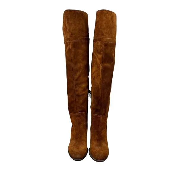 Franco Sarto Elnora Over the Knee OTK Cognac Suede Leather Tall Block Heel Boots