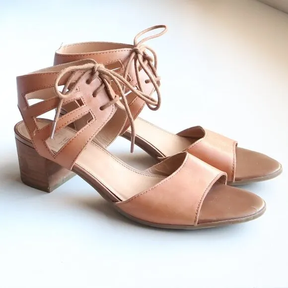 Franco Sarto Tan Leather Lace-up Open Toe Cutout Gladiator Block Heel Sandals 6