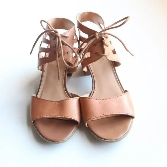 Franco Sarto Tan Leather Lace-up Open Toe Cutout Gladiator Block Heel Sandals 6