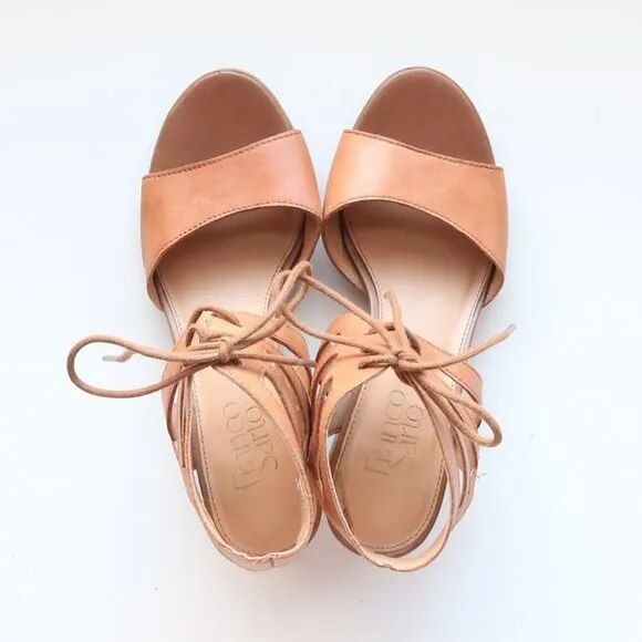 Franco Sarto Tan Leather Lace-up Open Toe Cutout Gladiator Block Heel Sandals 6