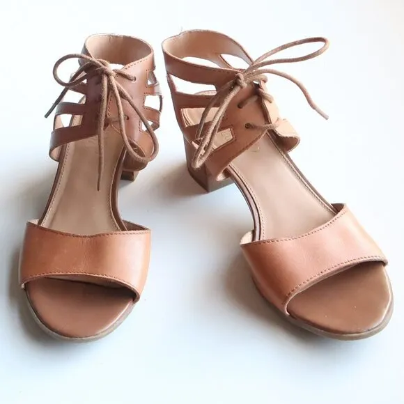 Franco Sarto Tan Leather Lace-up Open Toe Cutout Gladiator Block Heel Sandals 6