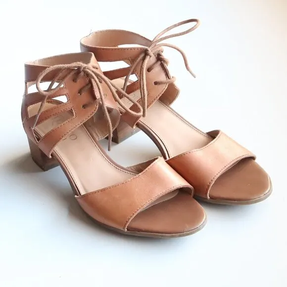Franco Sarto Tan Leather Lace-up Open Toe Cutout Gladiator Block Heel Sandals 6