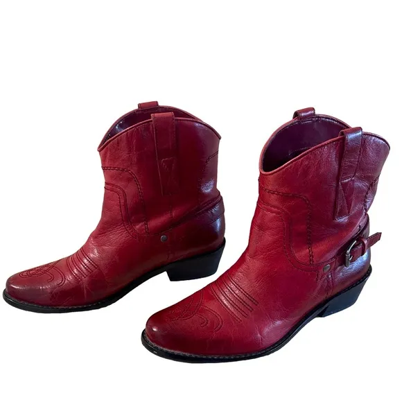 Franco Sarto Waco Red Leather Western Cowgirl Ankle Boots Booties Size 6.5