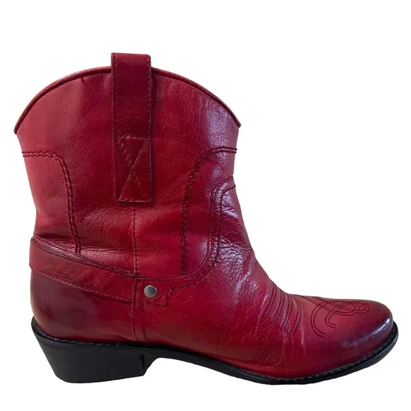 Franco Sarto Waco Red Leather Western Cowgirl Ankle Boots Booties Size 6.5