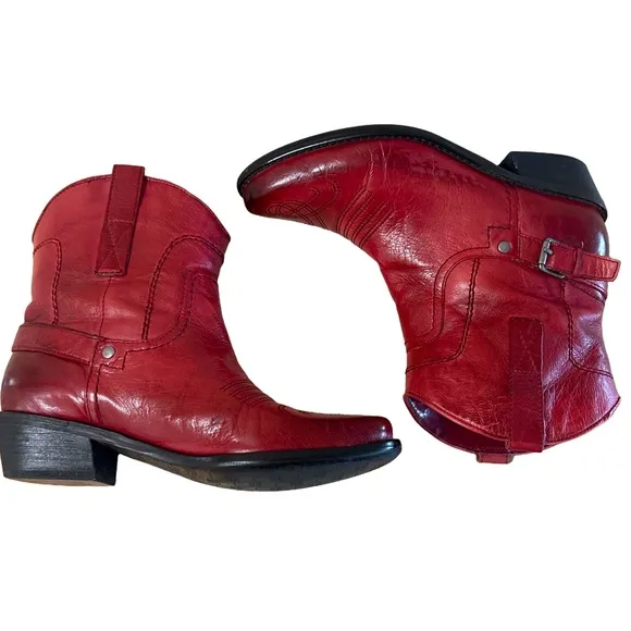 Franco Sarto Waco Red Leather Western Cowgirl Ankle Boots Booties Size 6.5