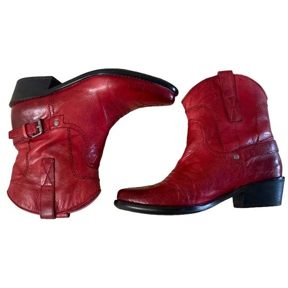 Franco Sarto Waco Red Leather Western Cowgirl Ankle Boots Booties Size 6.5