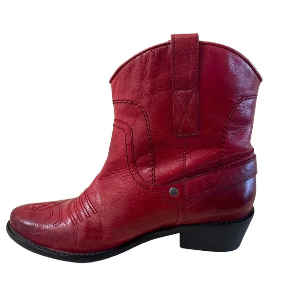 Franco Sarto Waco Red Leather Western Cowgirl Ankle Boots Booties Size 6.5