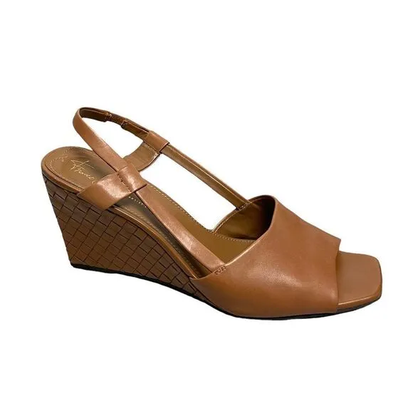 FRANCO SARTO Leather Woven Wedge Summer Shoes Sandals Cognac 11.5