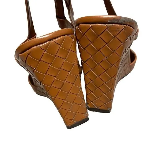 FRANCO SARTO Leather Woven Wedge Summer Shoes Sandals Cognac 11.5