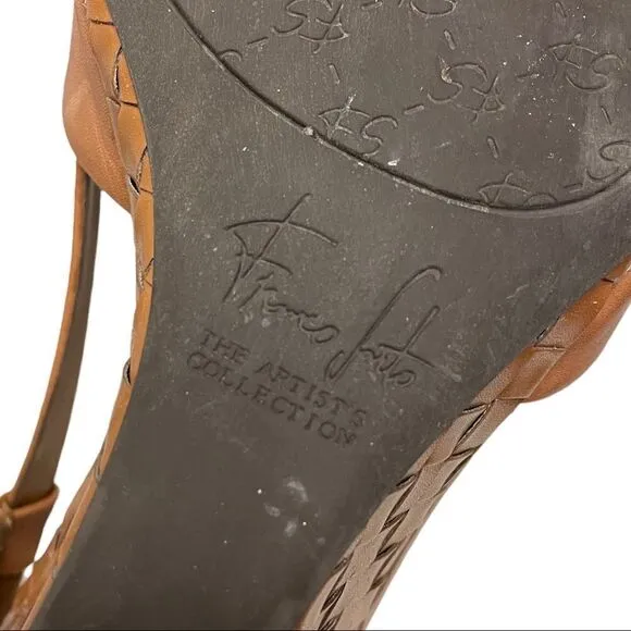 FRANCO SARTO Leather Woven Wedge Summer Shoes Sandals Cognac 11.5