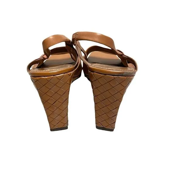 FRANCO SARTO Leather Woven Wedge Summer Shoes Sandals Cognac 11.5