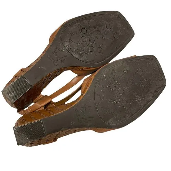FRANCO SARTO Leather Woven Wedge Summer Shoes Sandals Cognac 11.5