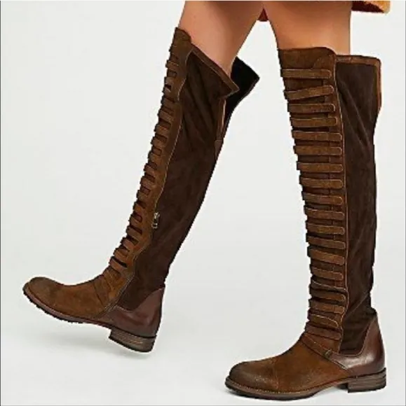 Free People 39 Black Forest Over The Knee Boots Brown Luxury Boho Chic Tall Boot