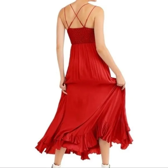 Free People Adella Maxi Slip Dress Bright Red Size Small NWT FP One