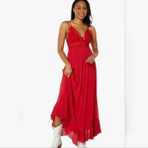 Free People Adella Maxi Slip Dress Bright Red Size Small NWT FP One