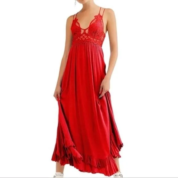 Free People Adella Maxi Slip Dress Bright Red Size Small NWT FP One