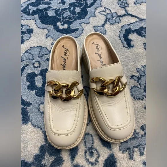 FREE PEOPLE Bone Lyra Link Loafer Mules Size 36/5.5 chunky heel y2k shoes