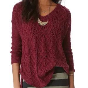 Free People Burgundy Oversized Distressed Cable Knit Sweater