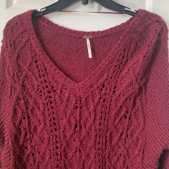 Free People Burgundy Oversized Distressed Cable Knit Sweater