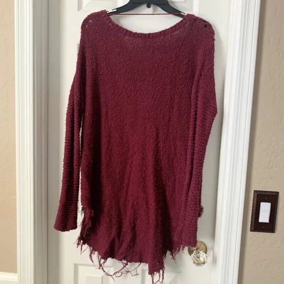 Free People Burgundy Oversized Distressed Cable Knit Sweater