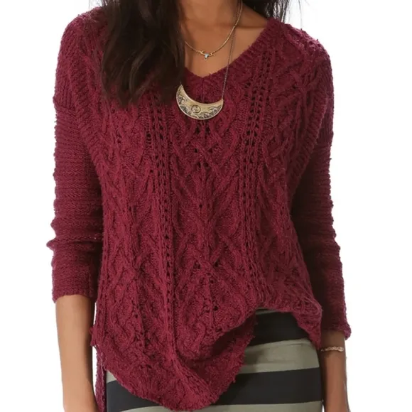 Free People Burgundy Oversized Distressed Cable Knit Sweater