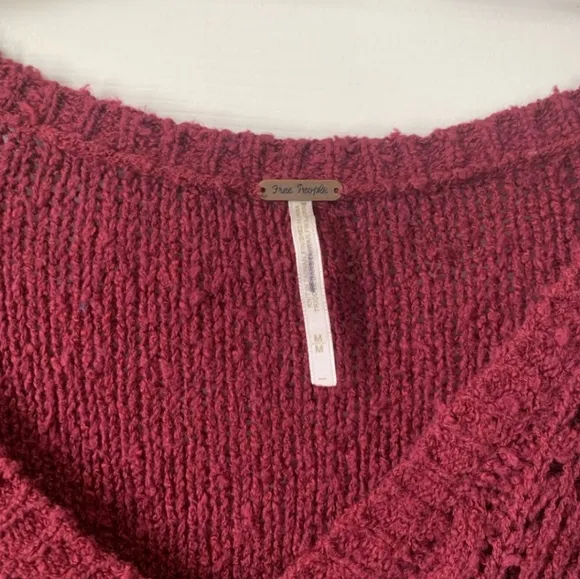 Free People Burgundy Oversized Distressed Cable Knit Sweater