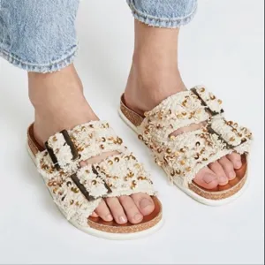 Free People Cream Bali Shaggy Slide Metallic Sandals
