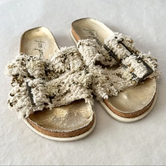 Free People Cream Bali Shaggy Slide Metallic Sandals