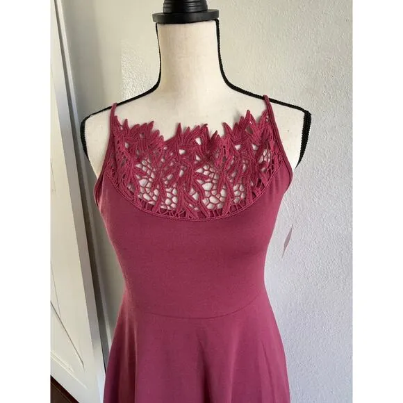 Free People Forget Me Not Rose Pink Crochet Trim Stretch Fit &amp; Flare size Small