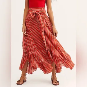 FREE PEOPLE FP ONE Giselle Striped Ruffled Maxi Skirt S Boho Hippie Festival