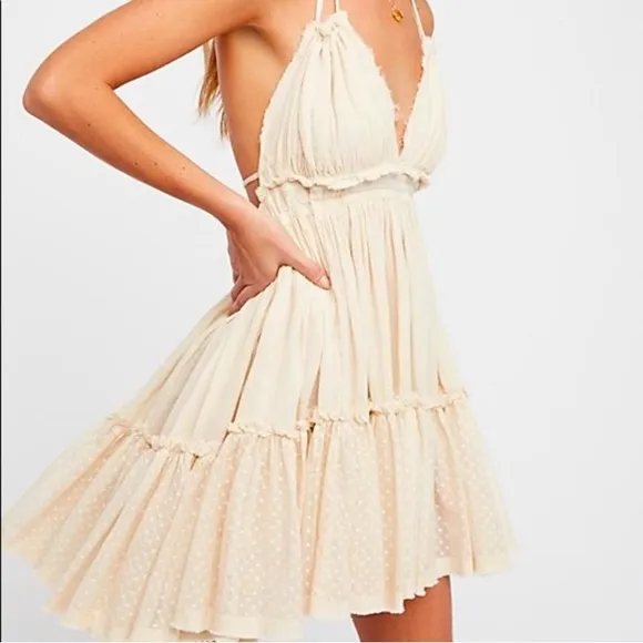 Free People Gorgeous Bohemian Flirty Flowy Babydoll Tiered Mini Dress, Cream