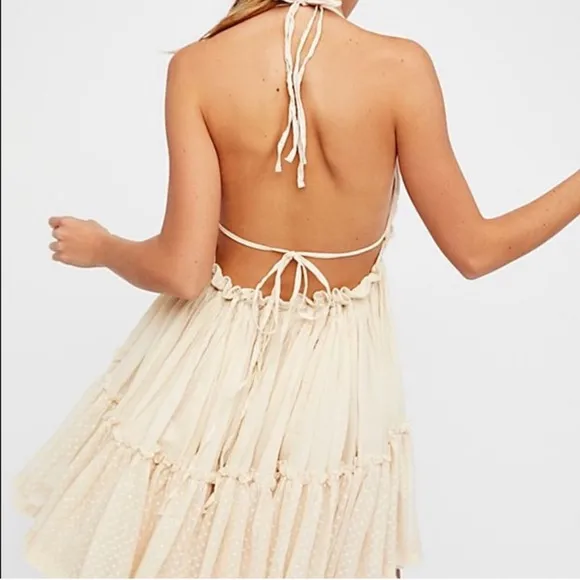 Free People Gorgeous Bohemian Flirty Flowy Babydoll Tiered Mini Dress, Cream