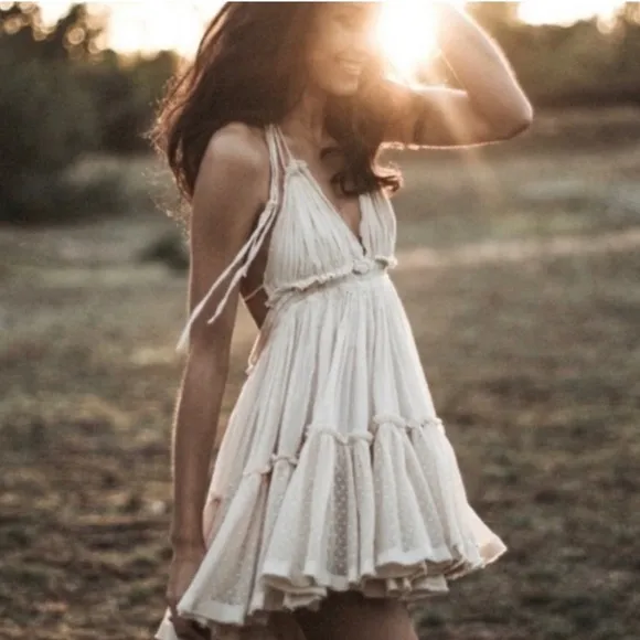 Free People Gorgeous Bohemian Flirty Flowy Babydoll Tiered Mini Dress, Cream
