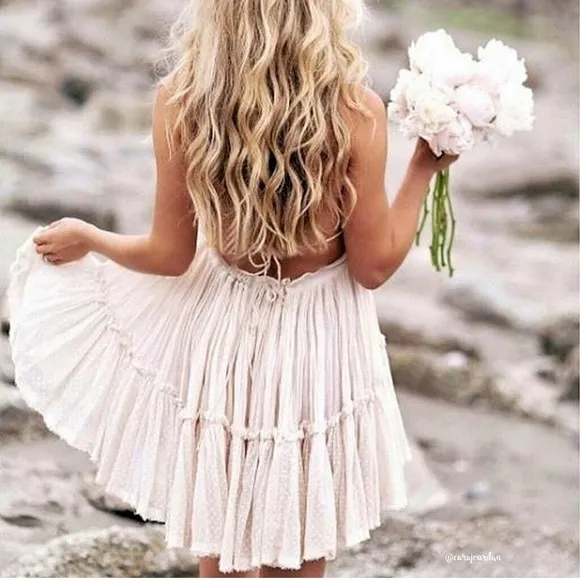 Free People Gorgeous Bohemian Flirty Flowy Babydoll Tiered Mini Dress, Cream