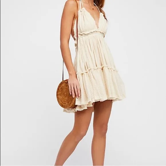 Free People Gorgeous Bohemian Flirty Flowy Babydoll Tiered Mini Dress, Cream