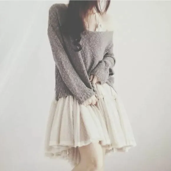 Free People Gorgeous Bohemian Flirty Flowy Babydoll Tiered Mini Dress, Cream