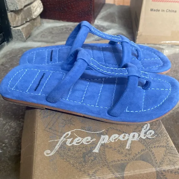 FREE PEOPLE Hadden Lapis Blue suede leather slide sandals quilted NIB Boho