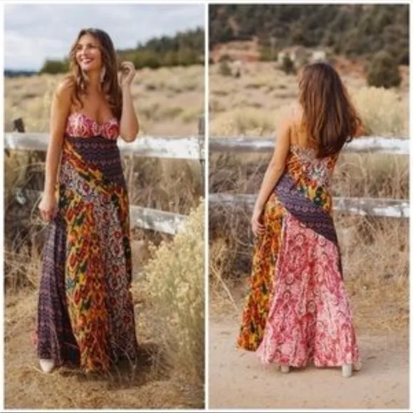 Free People holiday hero patchwork boho floral Maxi Dress size 2