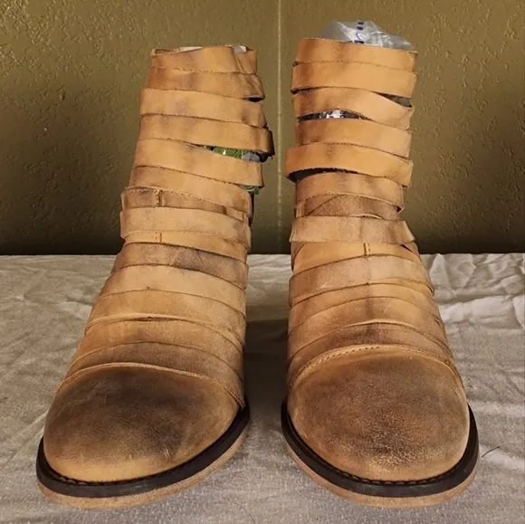 Free People Hybrid Genuine Leather Block Heel Boho Cowboy Strappy Boots  7.5