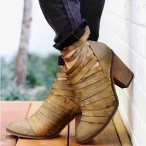 Free People Hybrid Genuine Leather Block Heel Boho Cowboy Strappy Boots  7.5