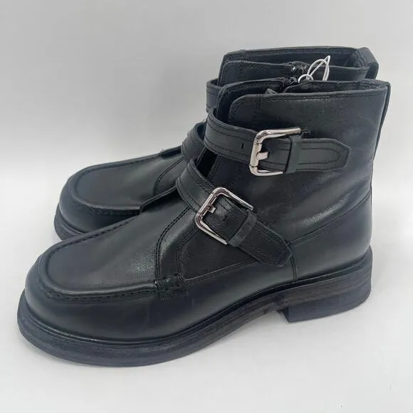 FREE PEOPLE Isla Boots Size 9 Moto Black Leather Buckles Zipper Edgy Boho Ankle