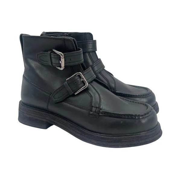 FREE PEOPLE Isla Boots Size 9 Moto Black Leather Buckles Zipper Edgy Boho Ankle