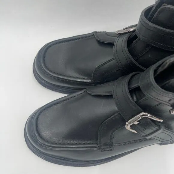 FREE PEOPLE Isla Boots Size 9 Moto Black Leather Buckles Zipper Edgy Boho Ankle