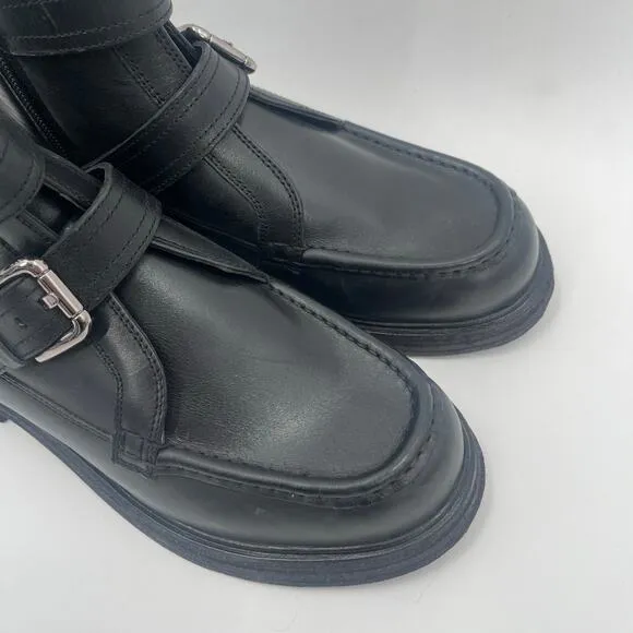 FREE PEOPLE Isla Boots Size 9 Moto Black Leather Buckles Zipper Edgy Boho Ankle